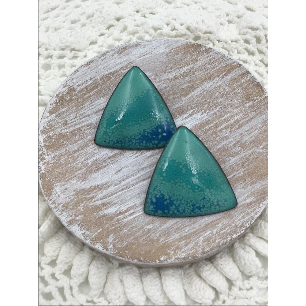 VTG Teal Blue Enamel Triangle Modernist Clip-On Earrings MCM Bold Statement‎